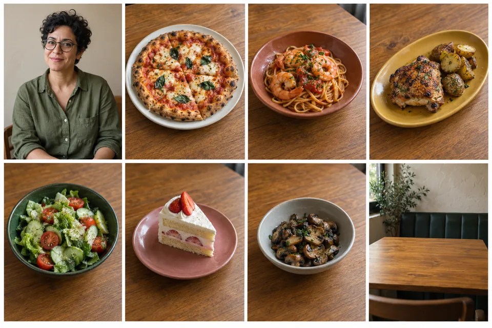 Original AI reference board with a fictional adult with short curls and glasses, six separate dishes and an empty cafe table