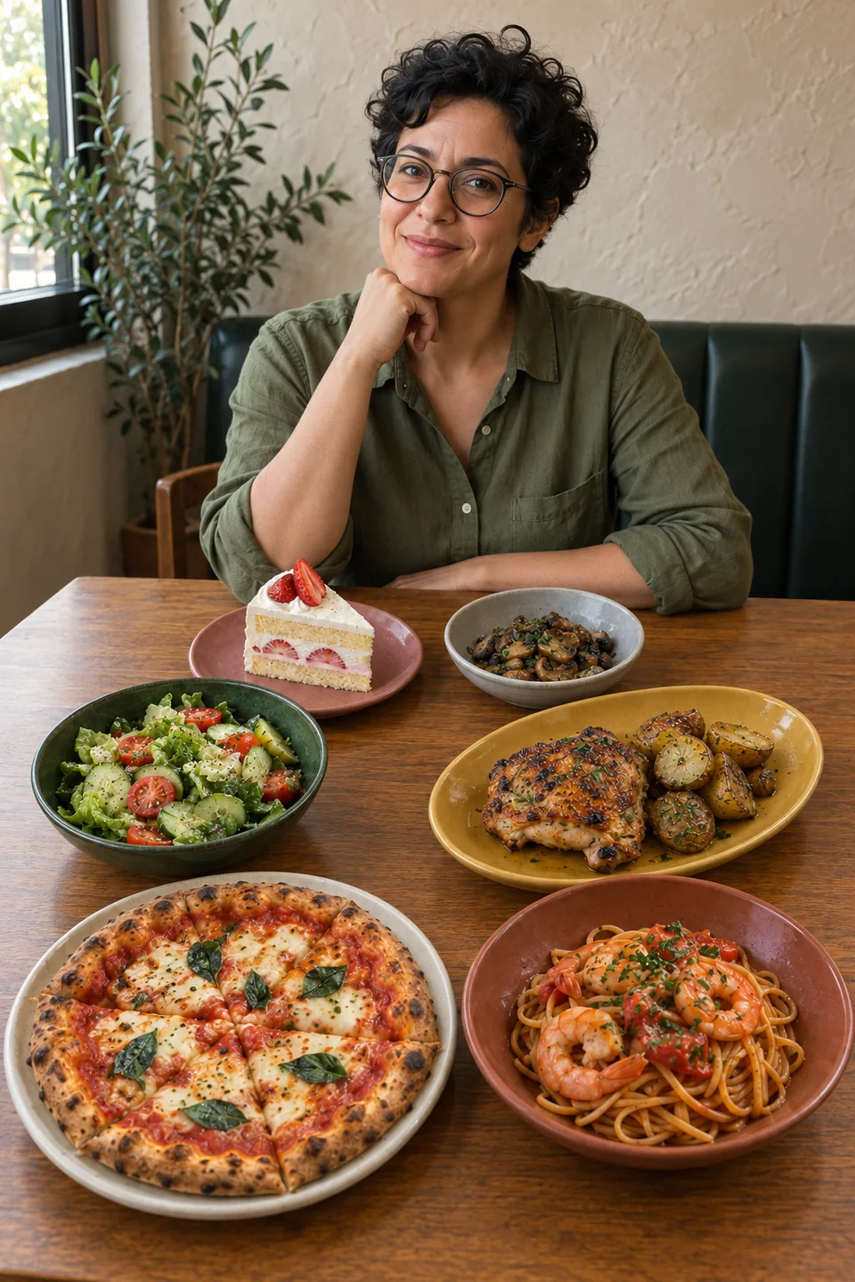 A fictional adult seated behind a wooden table with pizza, pasta, chicken, salad, strawberry cake and mushrooms in the foreground