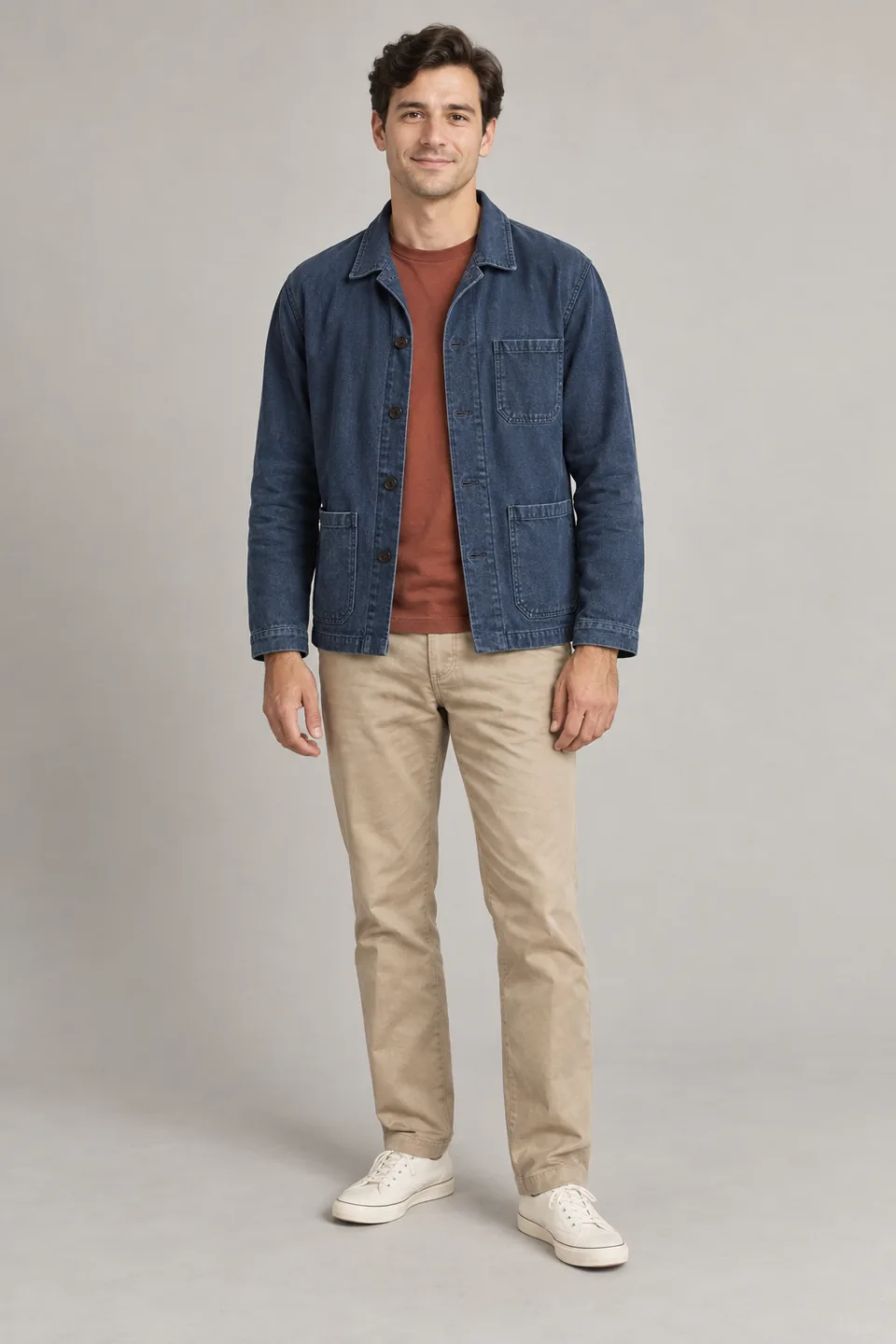 Fictional adult wearing a navy jacket, rust shirt, beige trousers and cream shoes