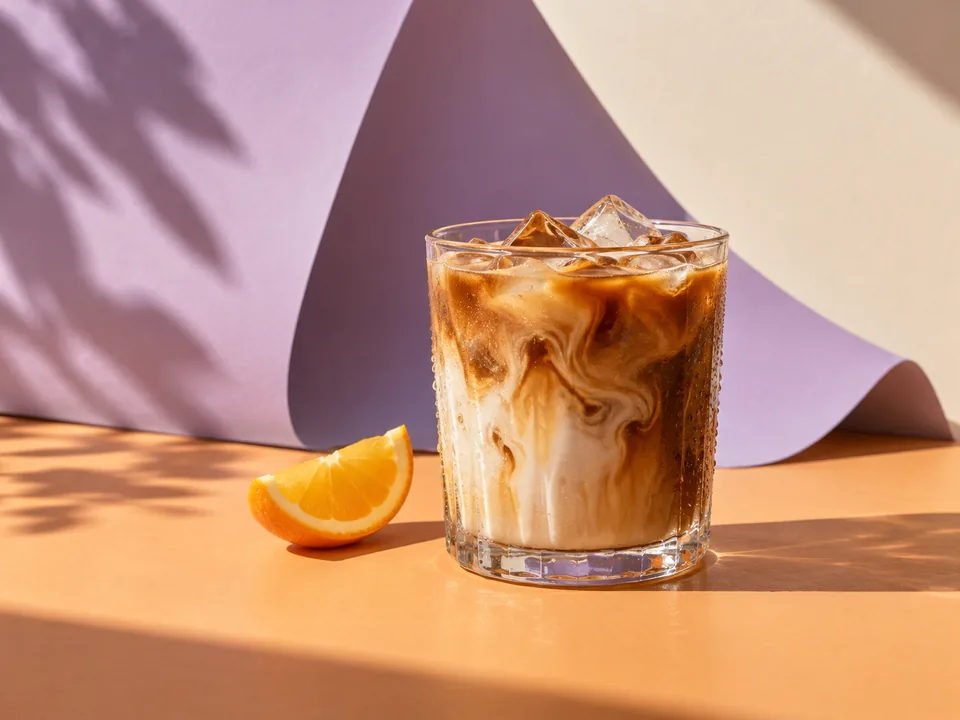 An iced latte with lavender paper and warm natural light