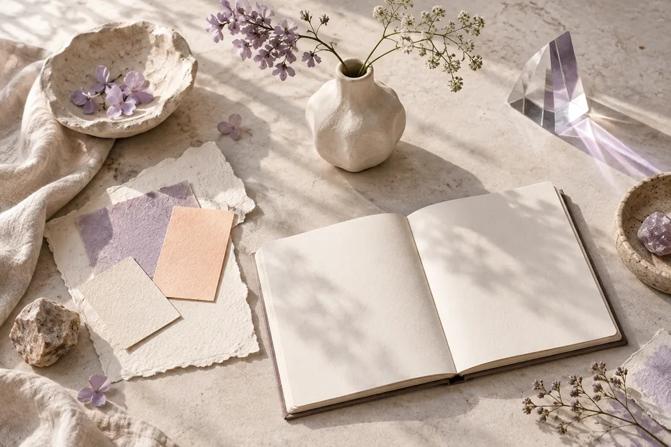 A sunlit creative desk with a sketchbook, paper swatches and a ceramic vase