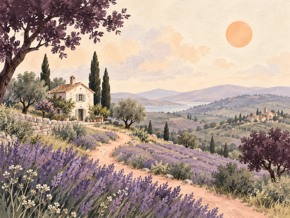 A hand-painted cottage among lavender hills
