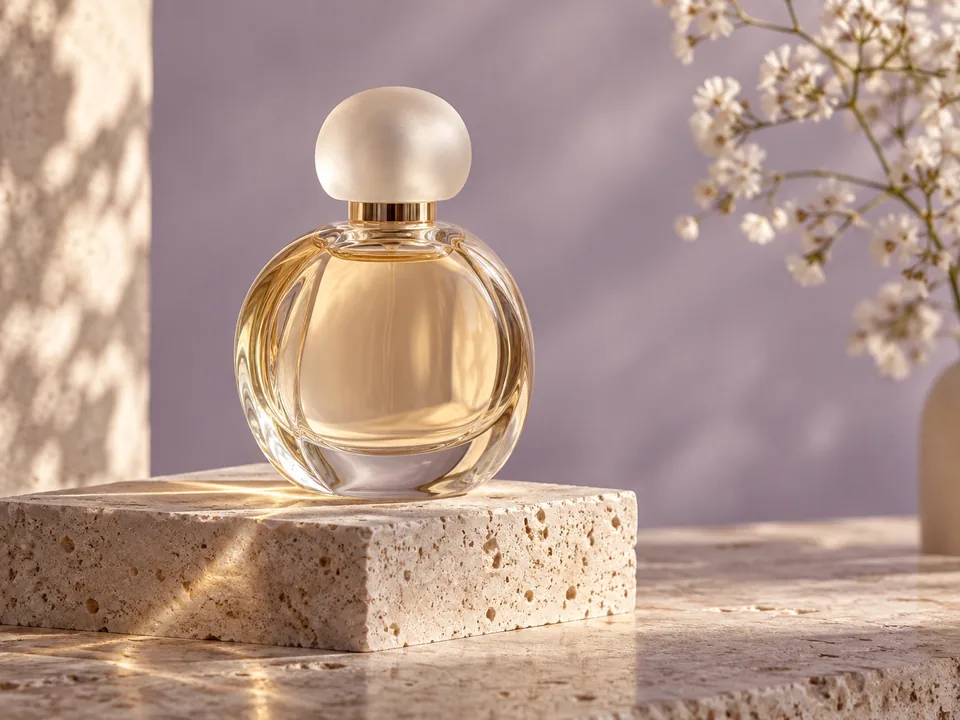 A glass perfume bottle on pale stone against a lavender backdrop