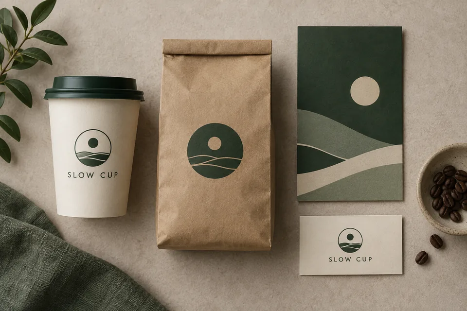 Keep colors, materials and a simple mark consistent across a brand.