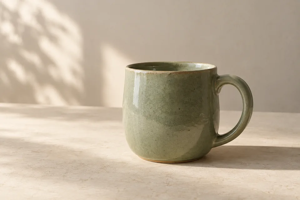 A sage ceramic mug, soft daylight and honest texture.