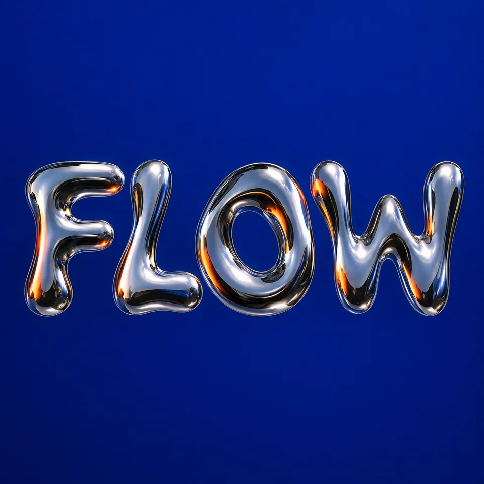 Shape a short word with reflective chrome and strong negative space.