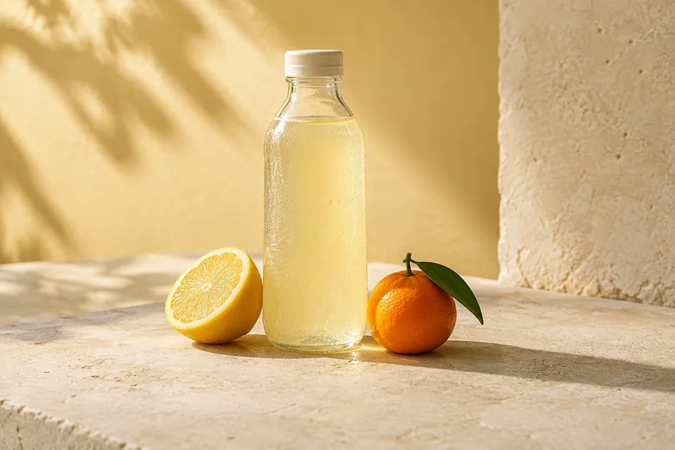 A fresh product still life with believable light and glass.