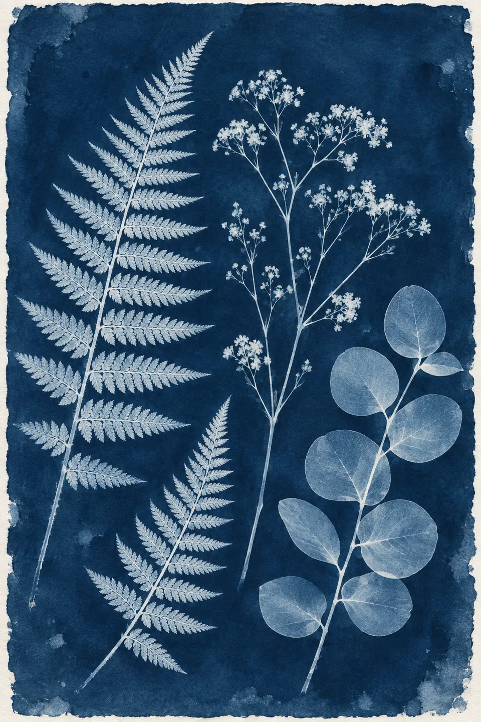 Explore delicate leaf silhouettes and deep cyanotype blues.