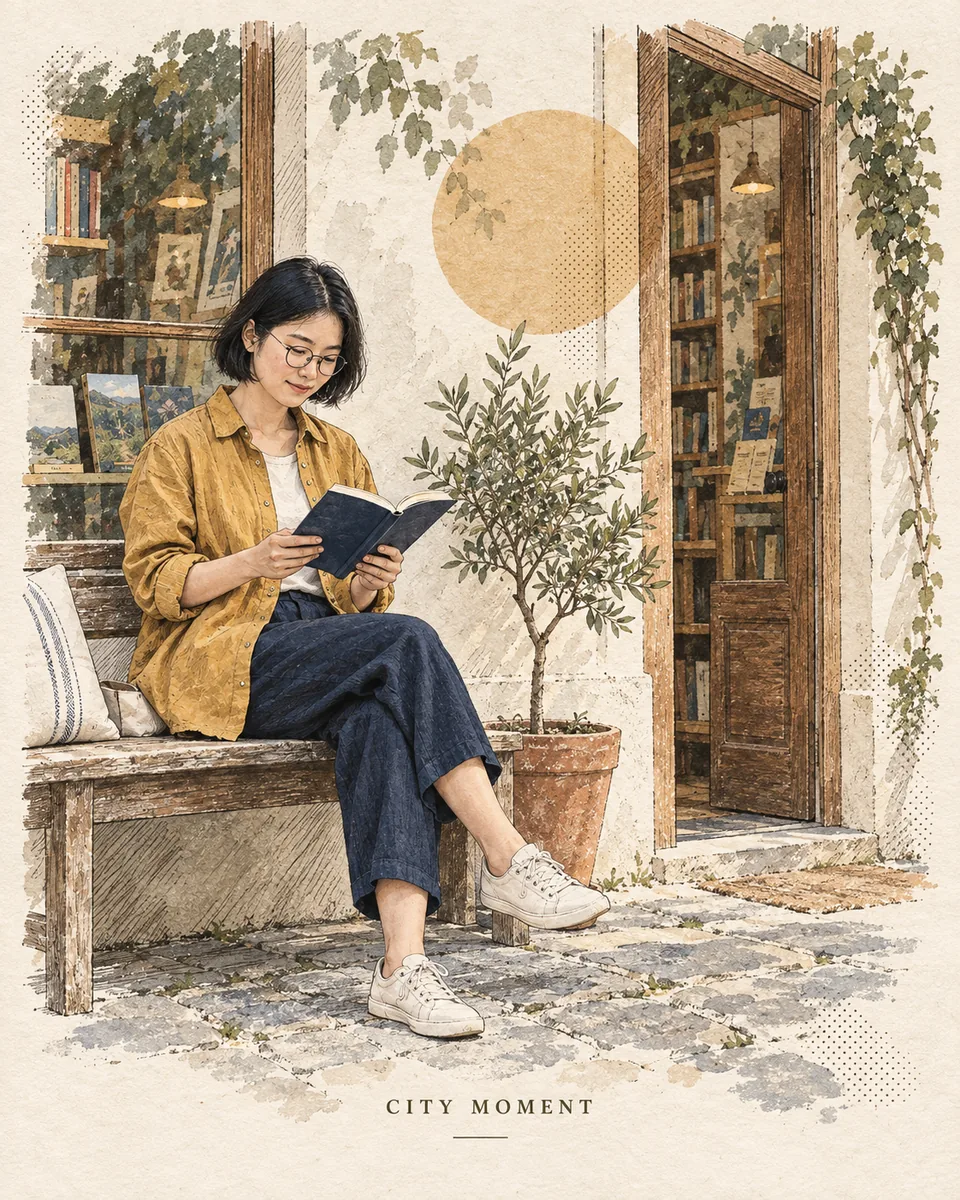 인물과 동작, 장소는 유지하면서 선과 수채화로 사진을 다시 표현합니다. 참고 사진의 역할부터 종이 질감, 검수와 전체 프롬프트까지 안내합니다.