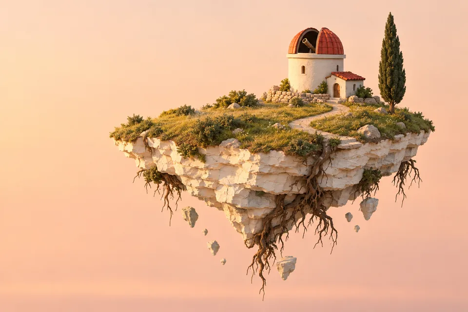 Give a floating landscape believable layers and a quiet focal point.