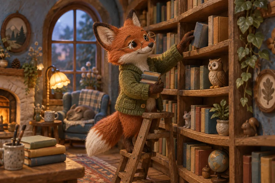 A handmade clay fox takes a very serious little library job.