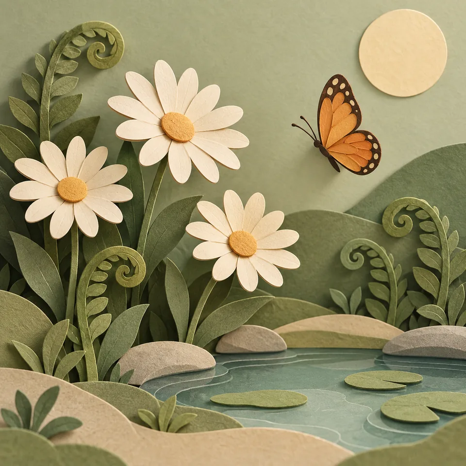 Layered paper petals and gentle shadows give this garden depth.
