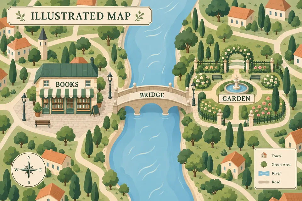An airy illustrated map with uncluttered labels. Add your own map reference for real places.