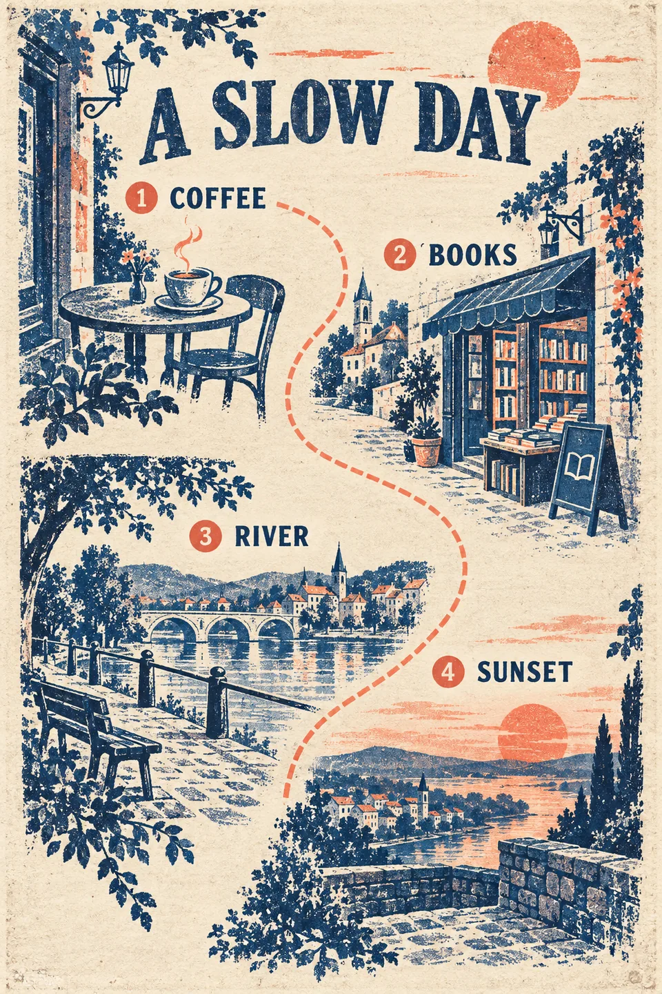 A risograph itinerary with a winding route and small illustrated stops.