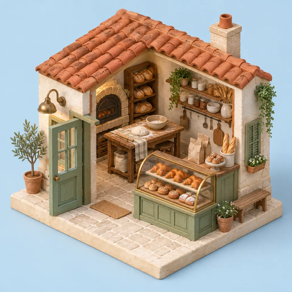 Build a charming shop with a consistent isometric viewpoint.