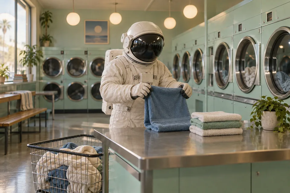 A spacesuit in a pastel laundromat makes a quietly funny everyday scene.