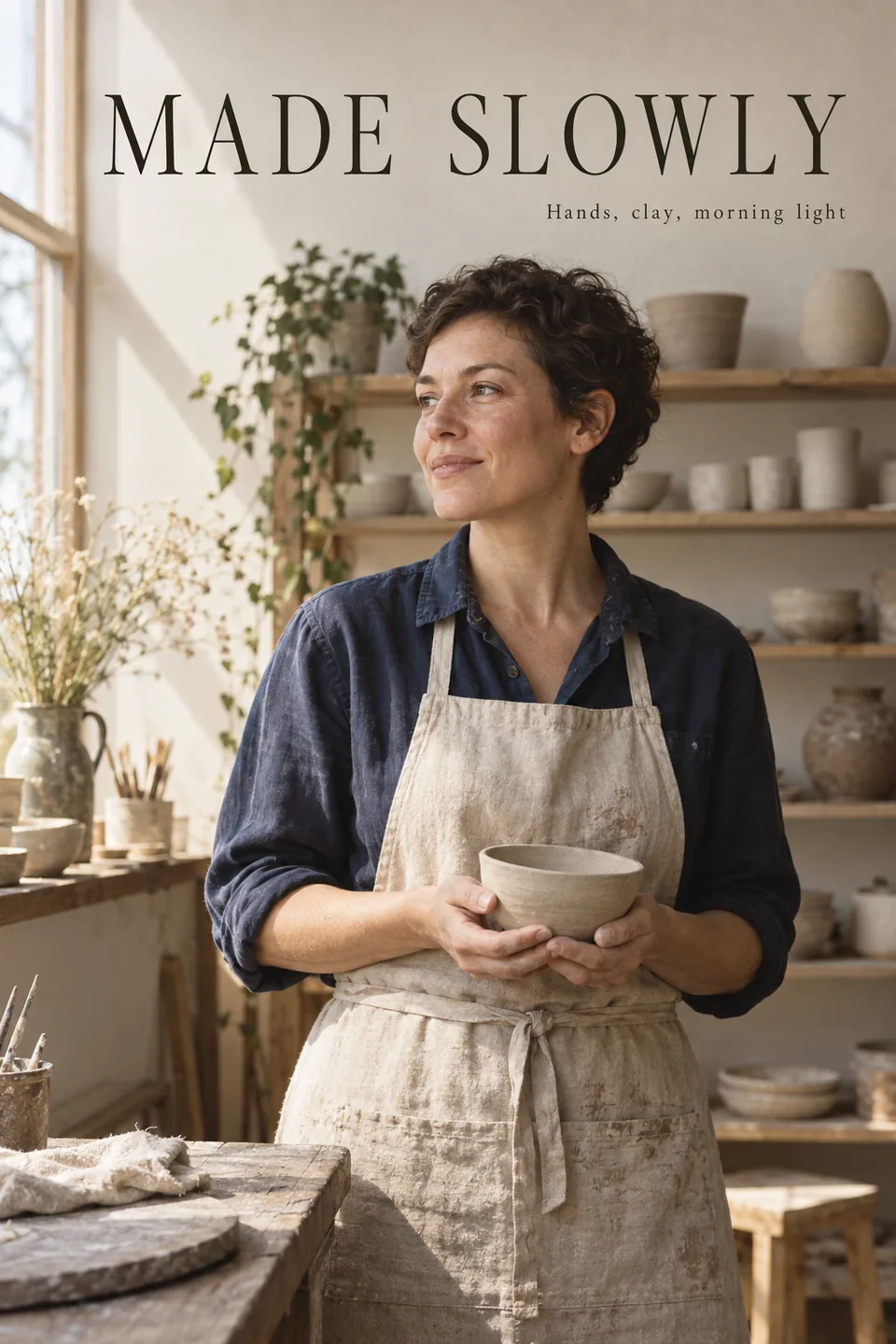 Clay, linen and morning light make a thoughtful portrait cover.