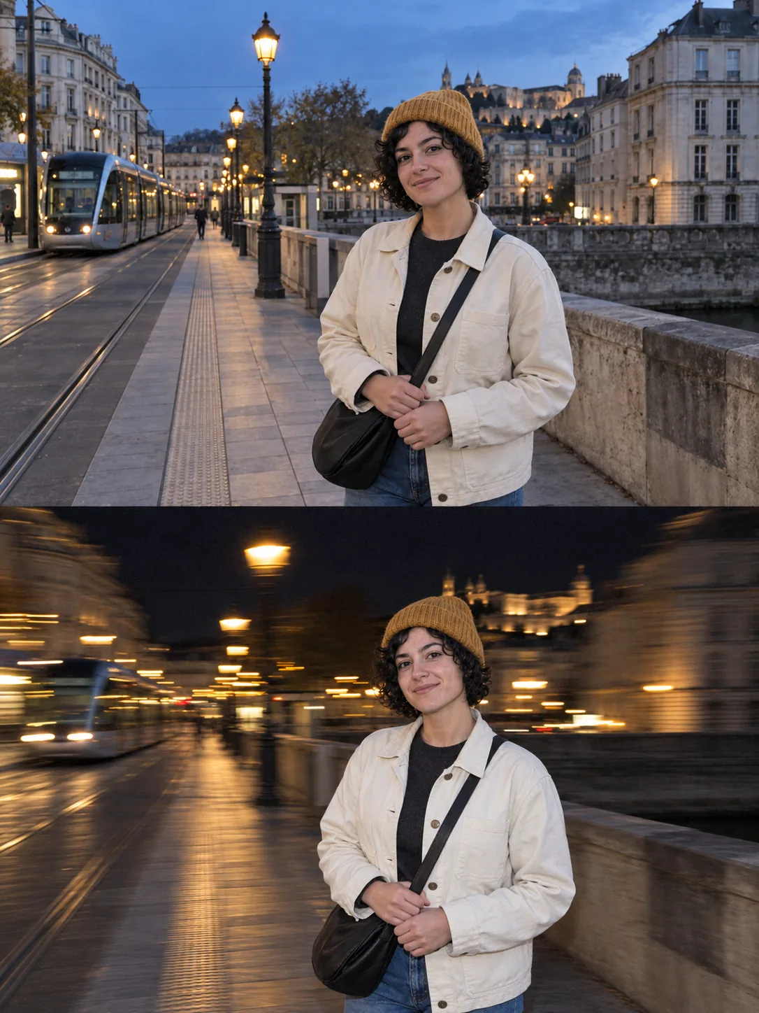 Keep the moment, change the exposure. A crisp portrait against a city in motion, paired with your original photo.