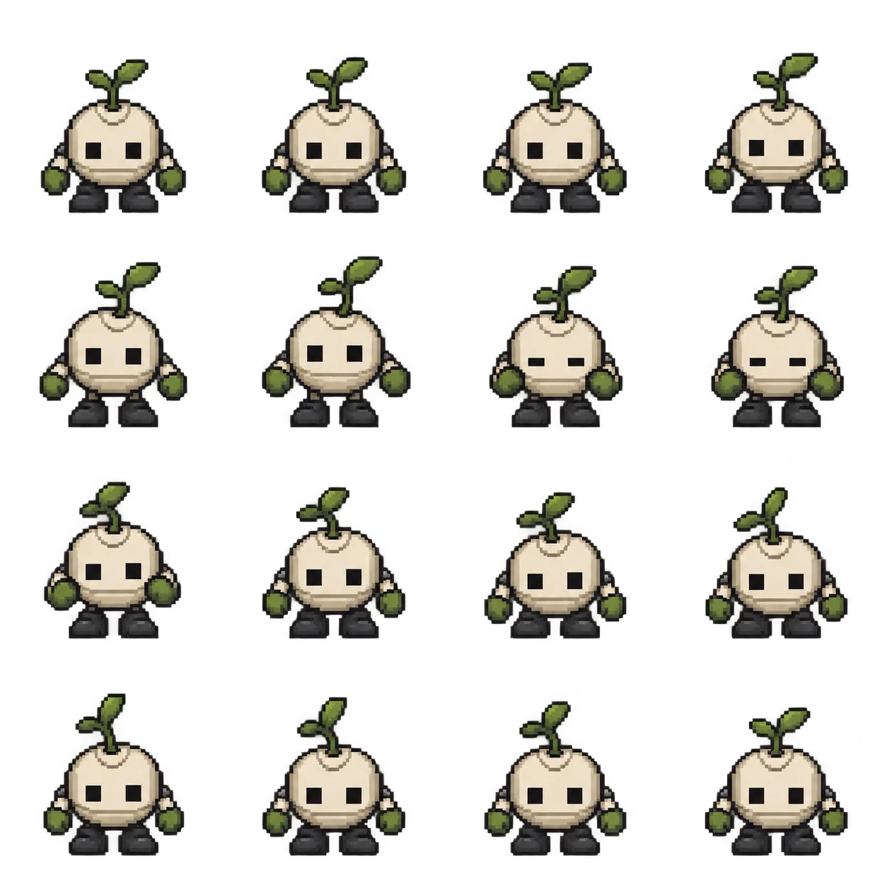 A gentle idle-loop study: 16 distinct pixel poses with a stable baseline, controlled timing and one consistent original character.