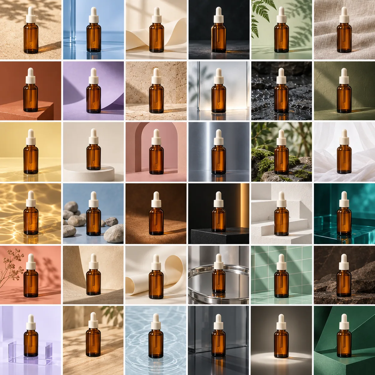 A complete six-row, six-column photography board. Compare balanced variations, bolder changes or a mix of products.