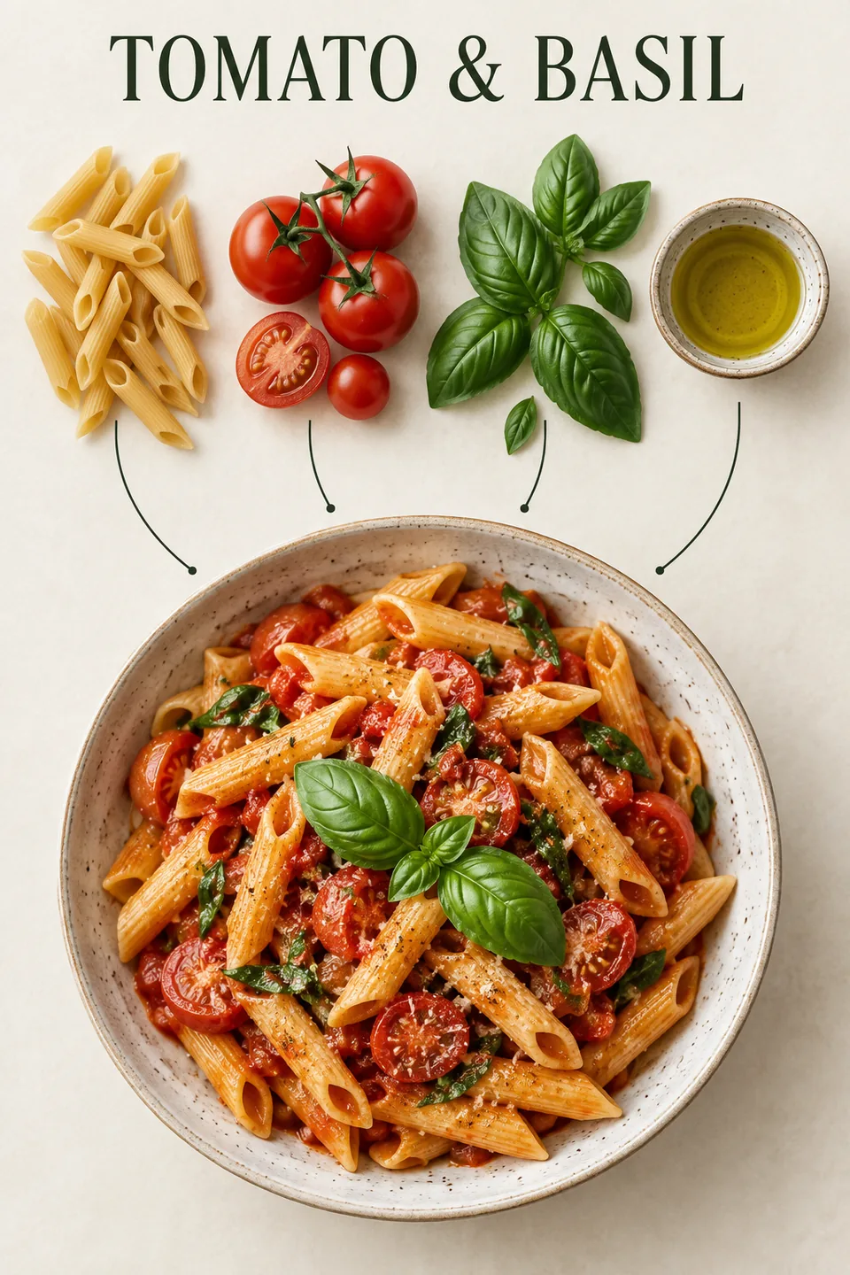 Arrange a dish and its ingredients into an appetizing visual story.