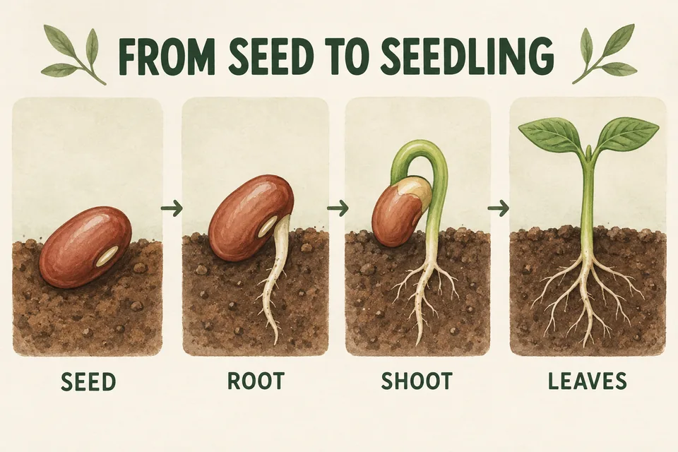 Four clear stages take a bean from seed to seedling.