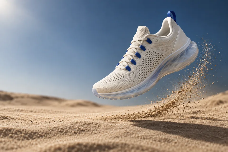 Capture motion with a suspended product and a restrained trail of sand.