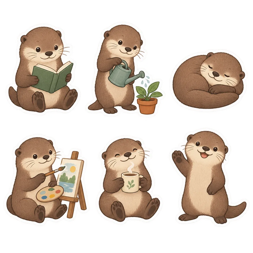 Create a matching set of six expressive character stickers.